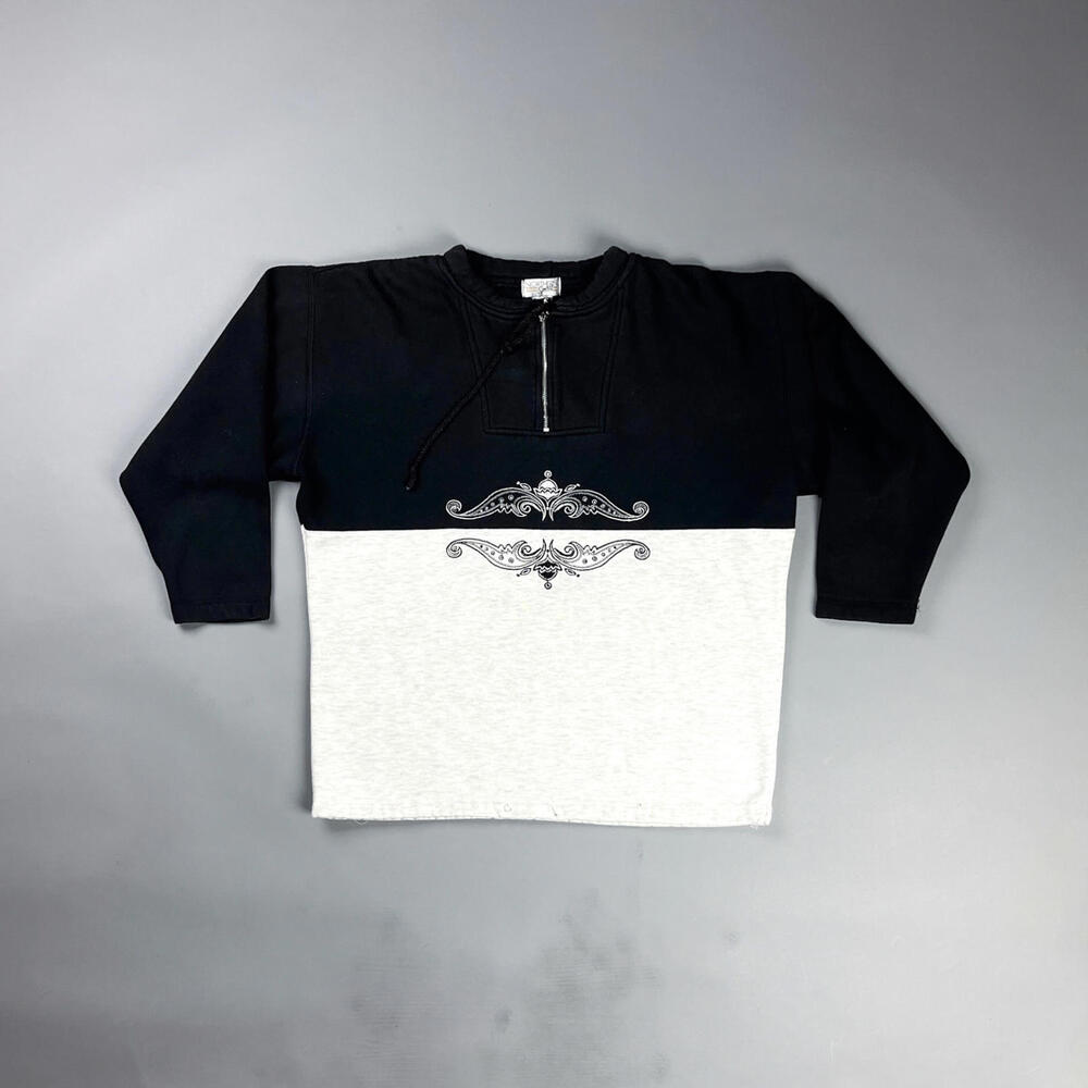 Vintage Women's Sweatshirt ,90's Black & White Quarter Zip Sweater w/ Embroidery - Picture 1 of 7
